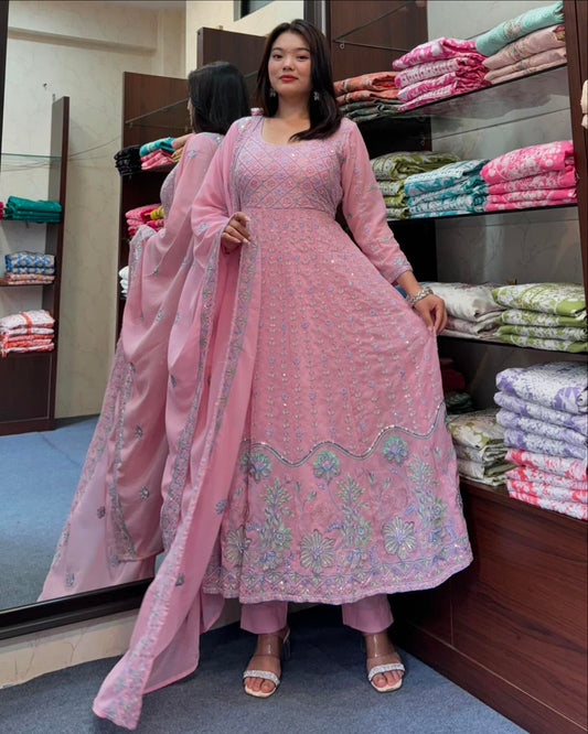 Pink Pure Georgette pink full embroidery anarkali set
