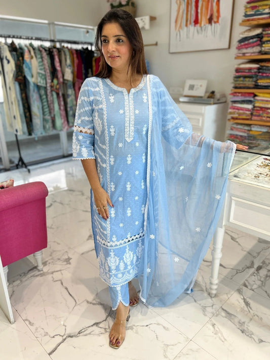 Powder Blue Ivory Embroidery Doriya Dupatta Set