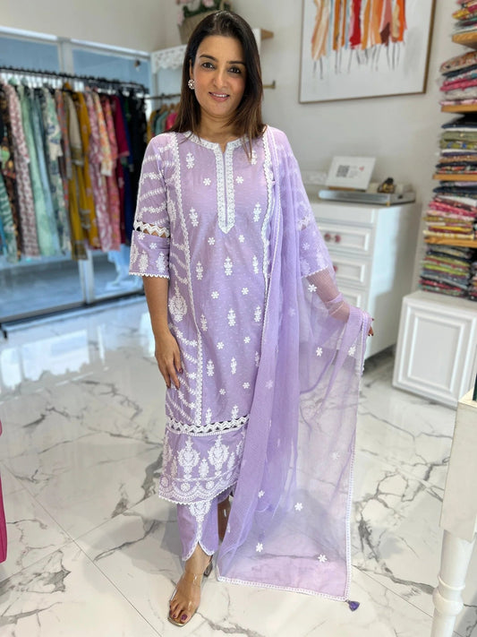 Lilac Dream Ivory Embroidery Doriya Dupatta Set