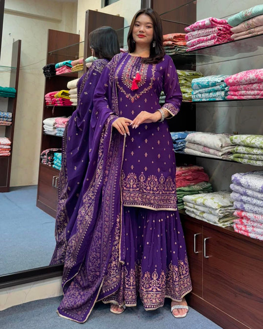Purple Georgette embroidery Sarara set