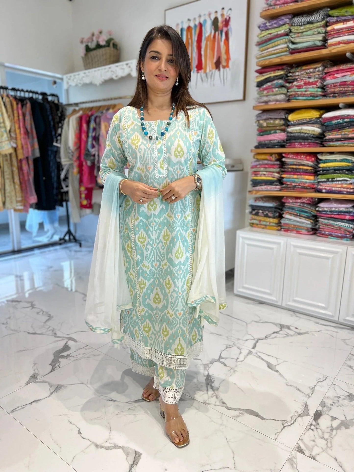 Coral Green Patola Lace Palazzo Set