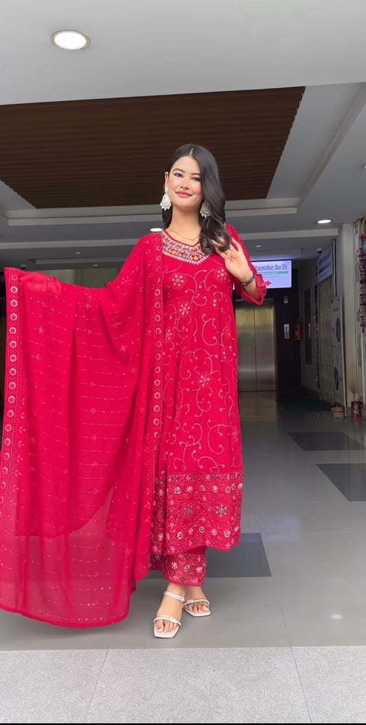 Red Women Pure Cotton Kurta Pant Dupatta Set