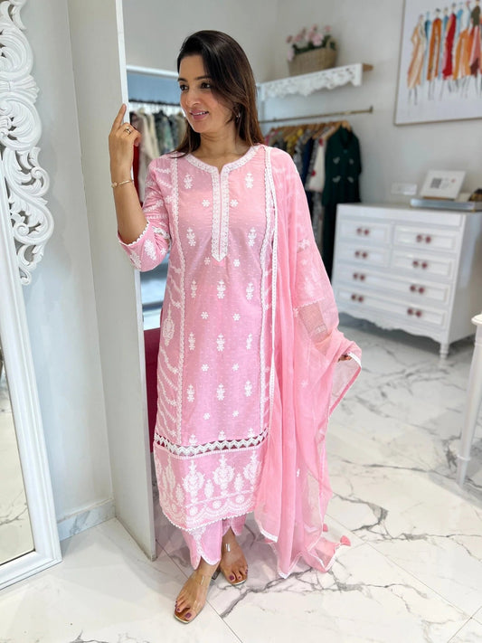 Pastel Pink Ivory Embroidery Doriya Dupatta Set