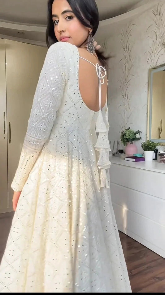 WHITE EMBROIDERED GEORGETTE FULLY STITCHED ANARKALI SUIT SET