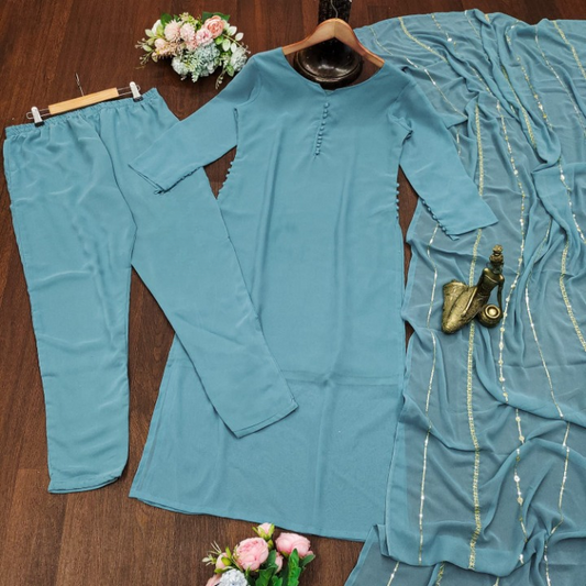 NEW DESIGNER PARTY WEAR LOOK FANCY TOP BOTTOM WITH DUPATTA SET SKY BLUE