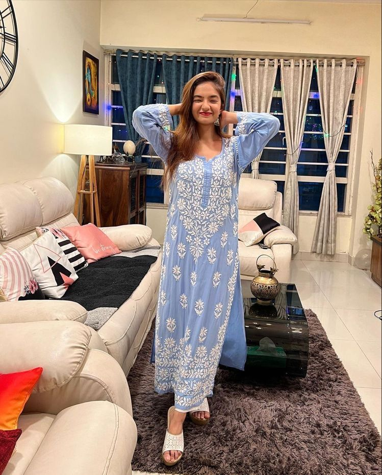 Blue Rayon Cotton Chikankari Kurta With Pant