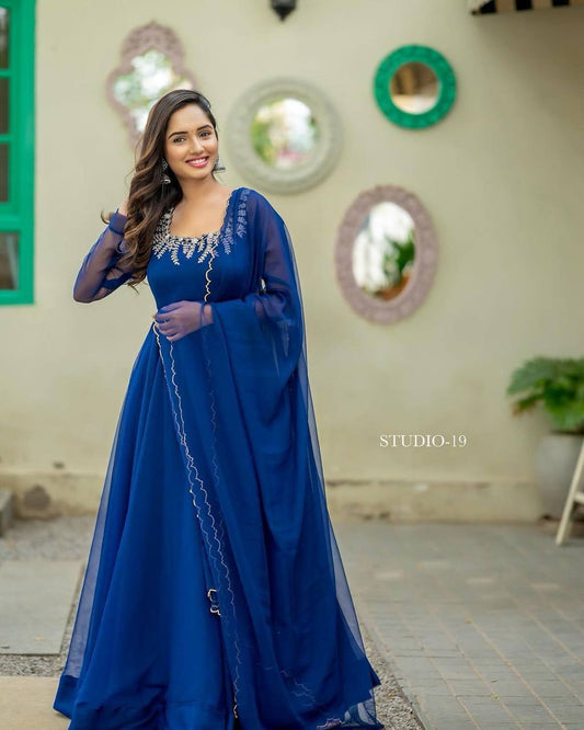 Blue Flirty Floral Anarkali Gown With Dupatta