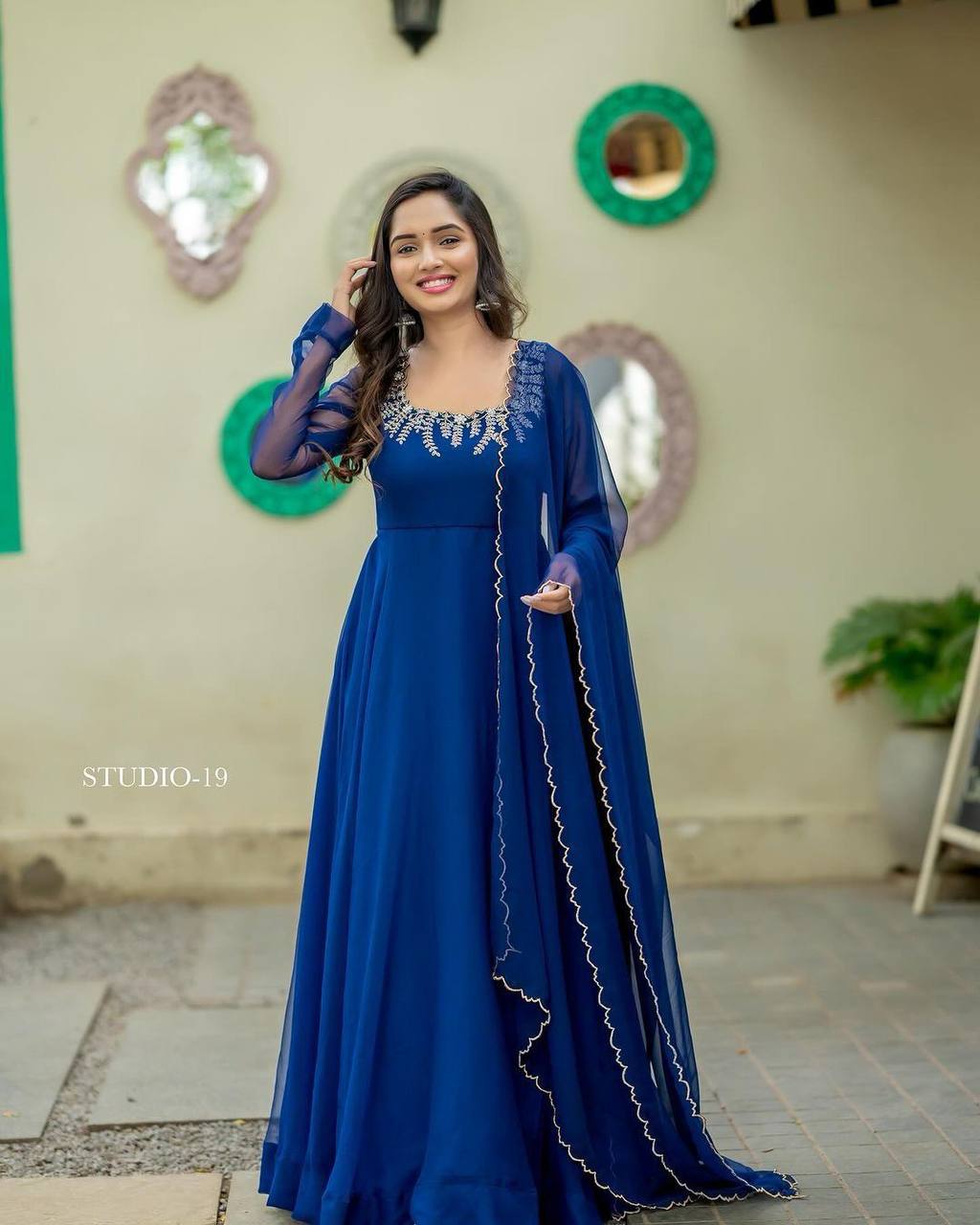 Blue Flirty Floral Anarkali Gown With Dupatta