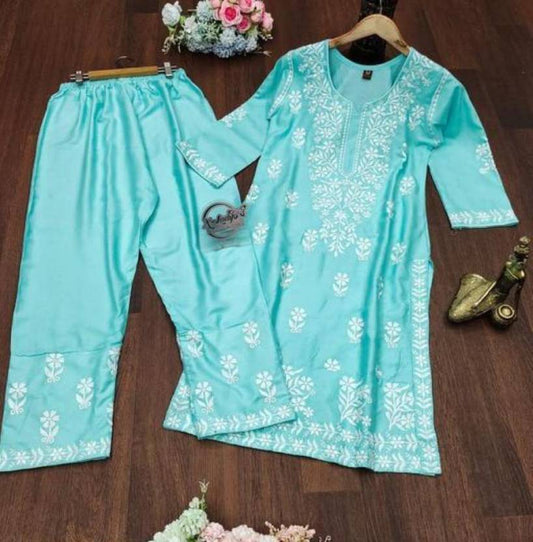 Chikankari Exclusive Kurti_Pent Pair Design(blue)