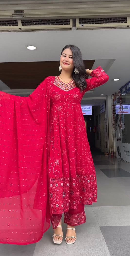 Red Women Pure Cotton Kurta Pant Dupatta Set