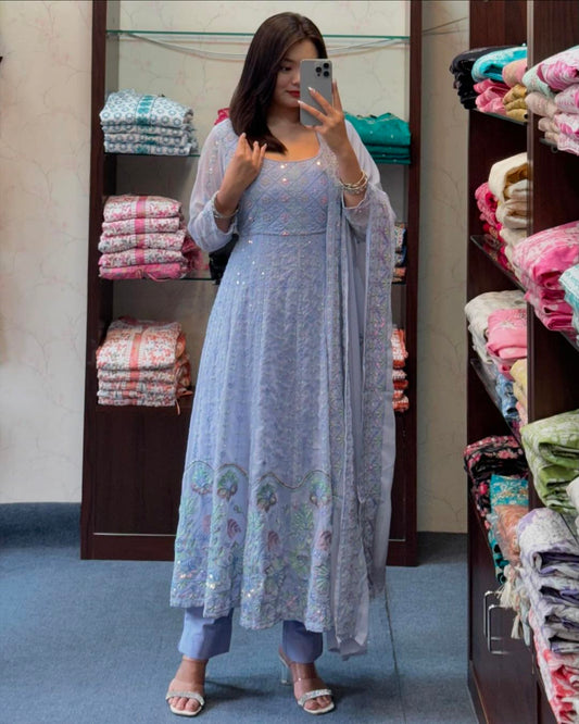Blue Pure Georgette full embroidery anarkali set