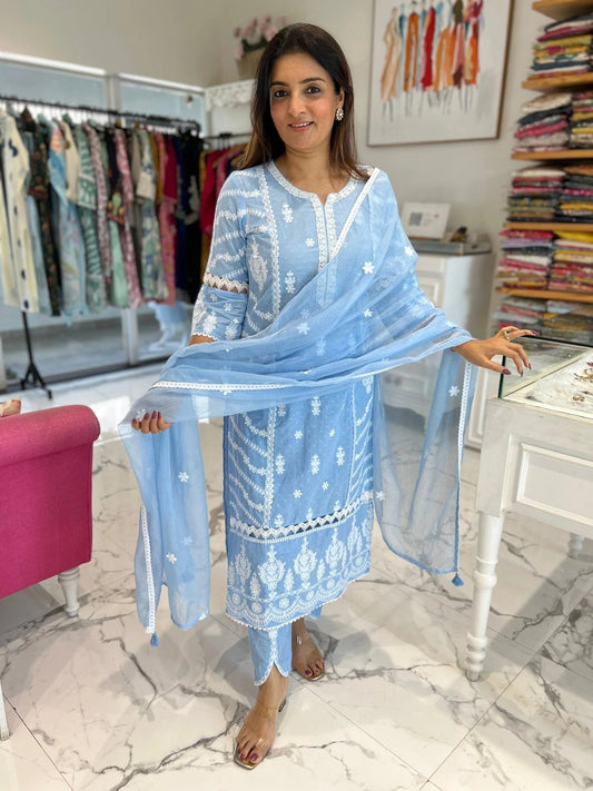 Powder Blue Ivory Embroidery Doriya Dupatta Set