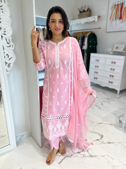 Pastel Pink Ivory Embroidery Doriya Dupatta Set