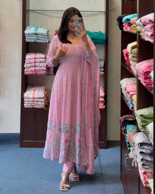 Pink Pure Georgette pink full embroidery anarkali set