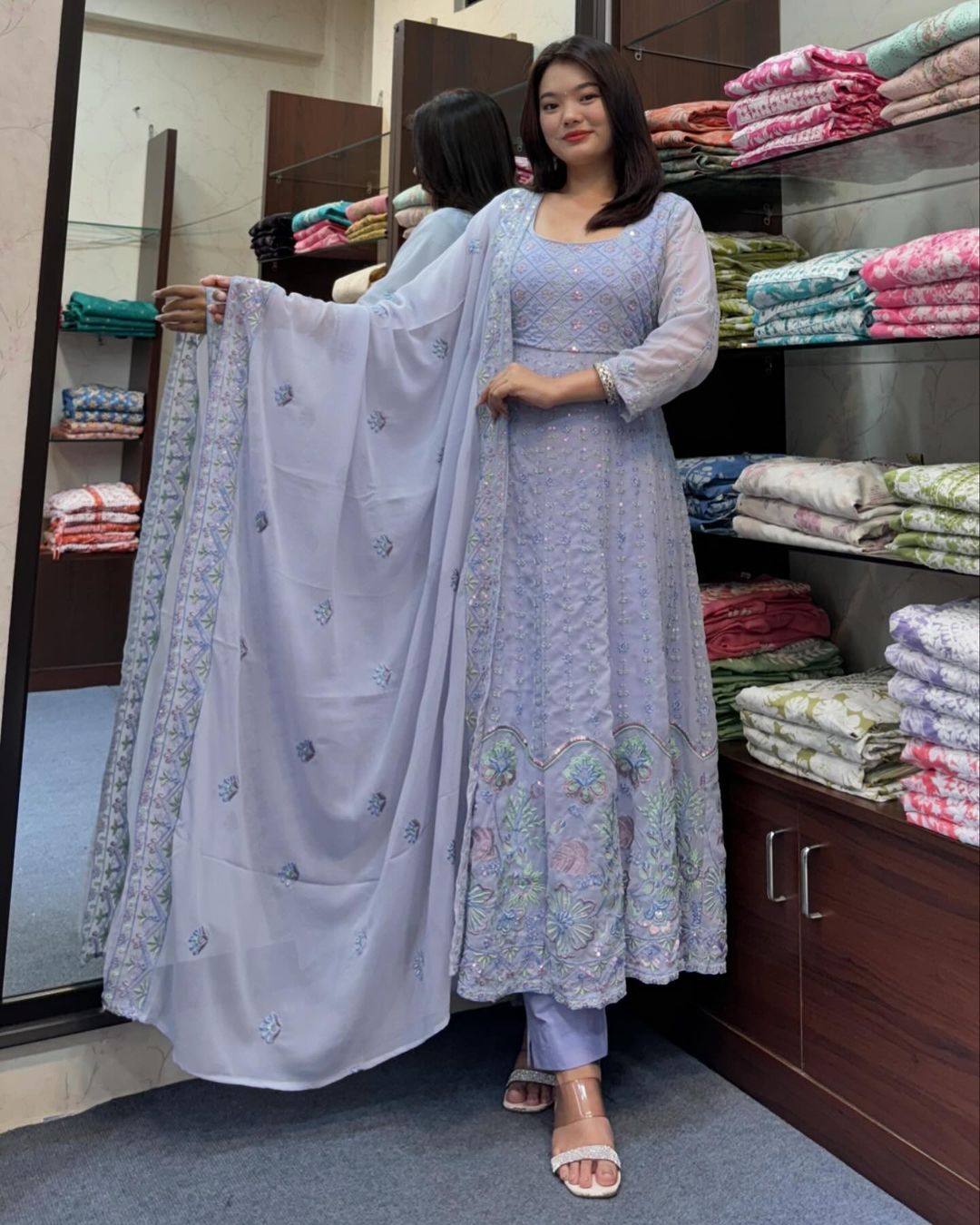 Blue Pure Georgette full embroidery anarkali set