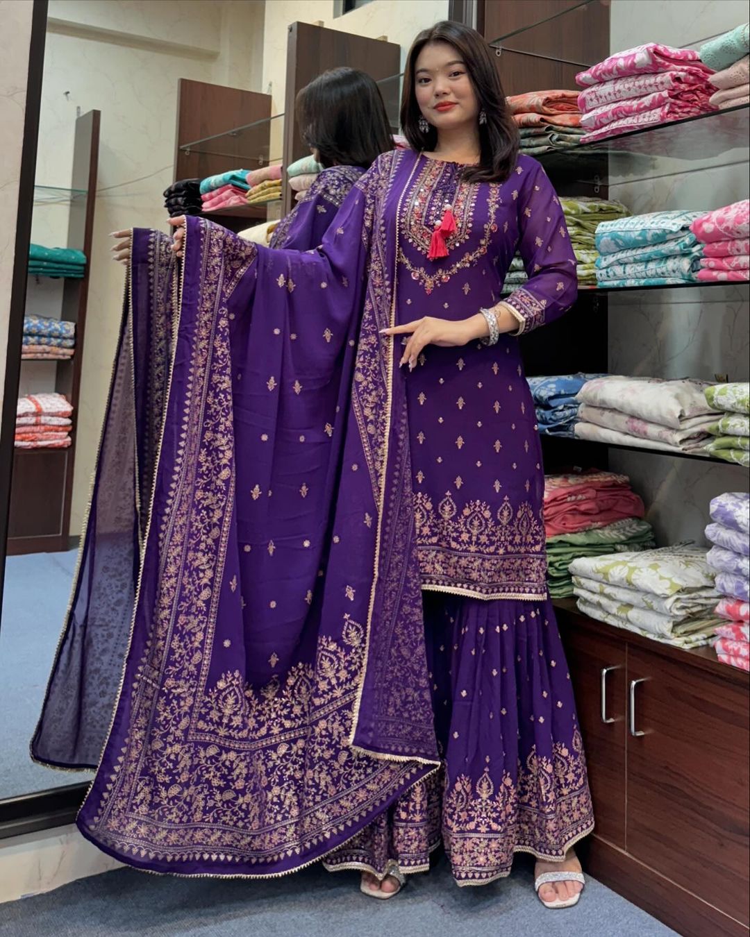Purple Georgette embroidery Sarara set