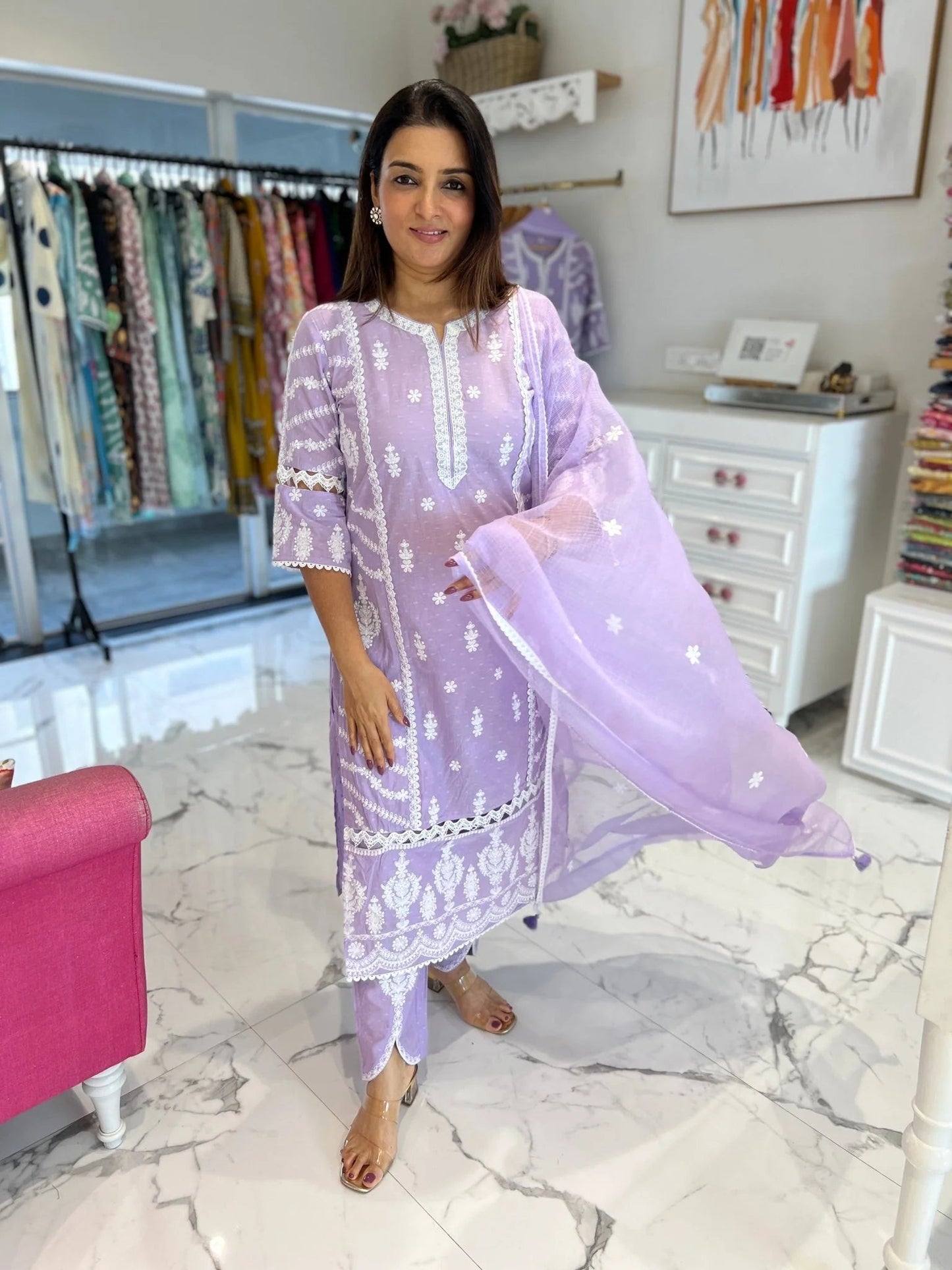 Lilac Dream Ivory Embroidery Doriya Dupatta Set