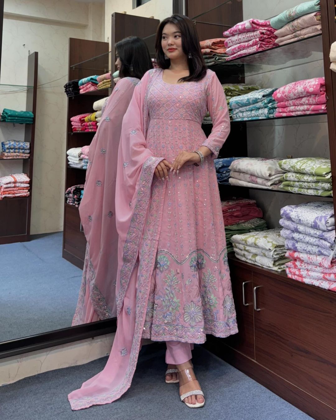 Pink Pure Georgette pink full embroidery anarkali set