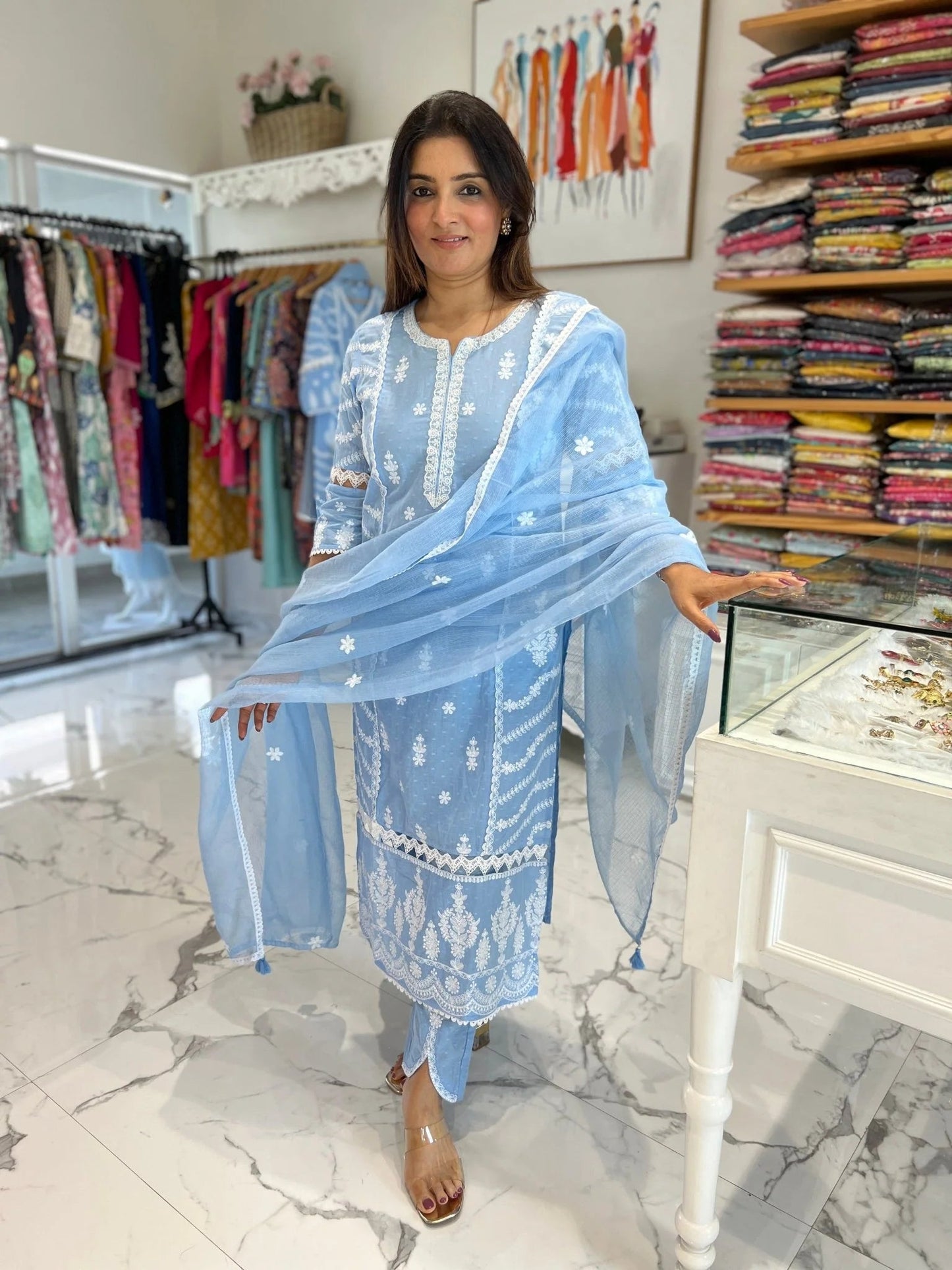 Powder Blue Ivory Embroidery Doriya Dupatta Set