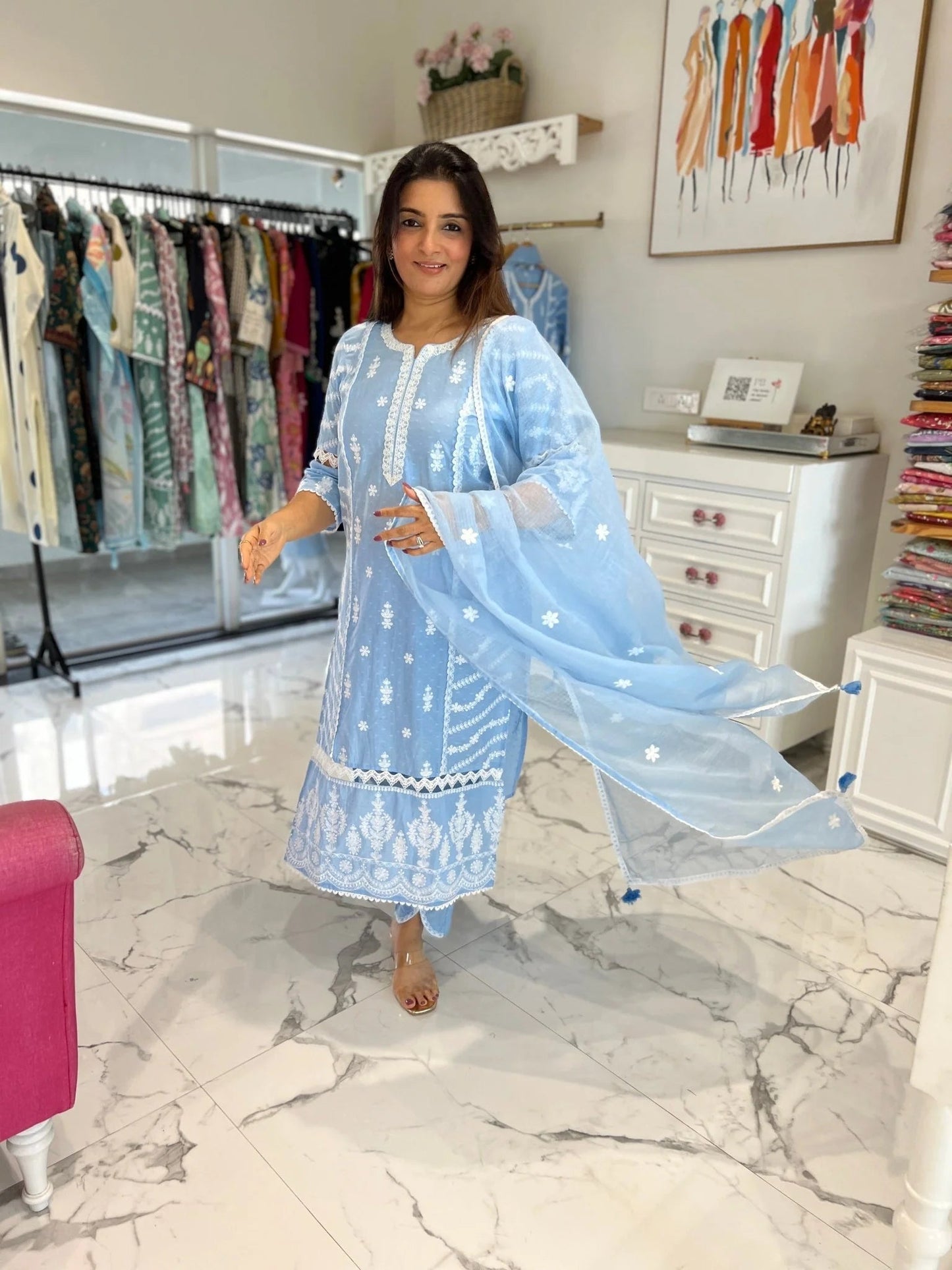 Powder Blue Ivory Embroidery Doriya Dupatta Set