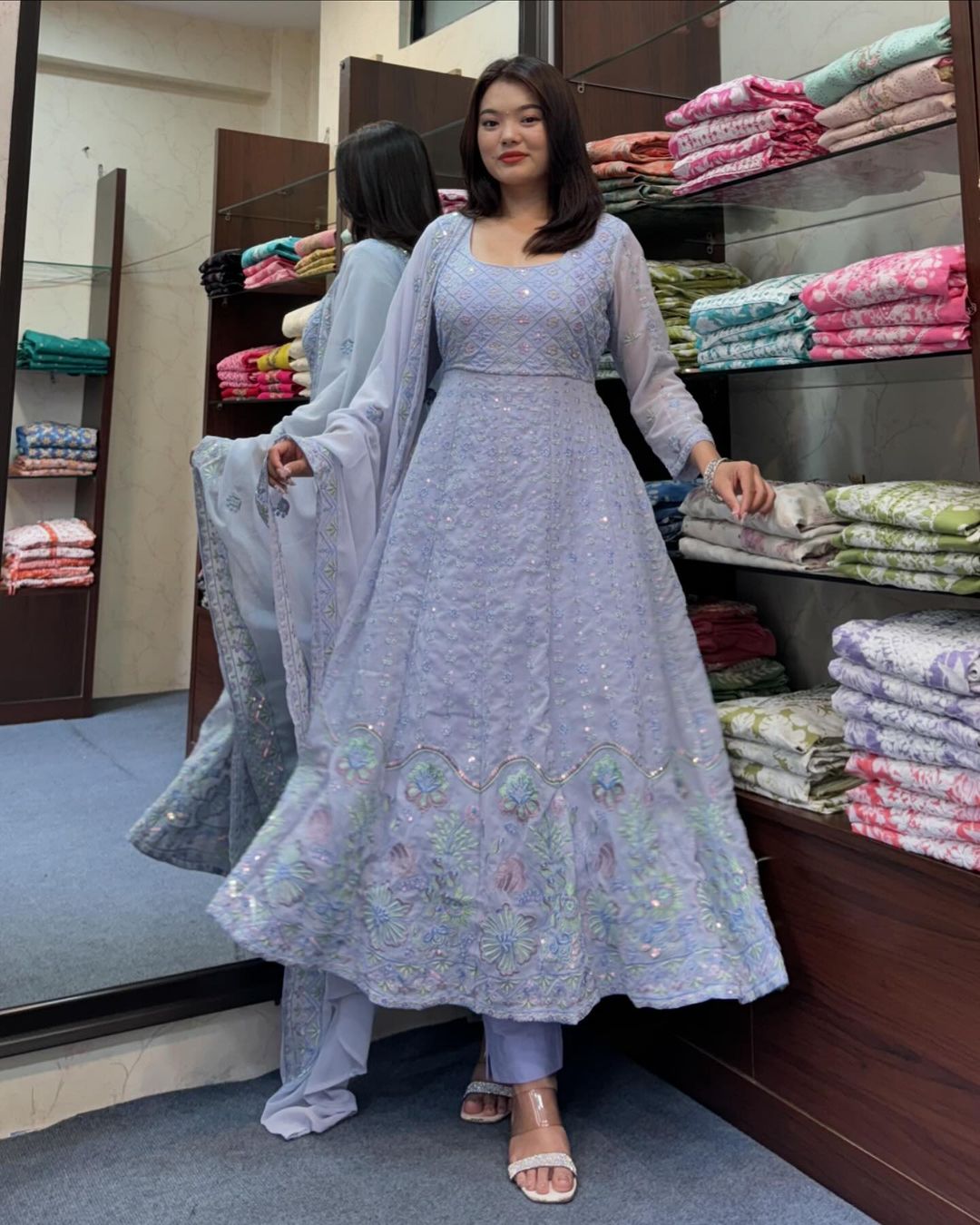 Blue Pure Georgette full embroidery anarkali set