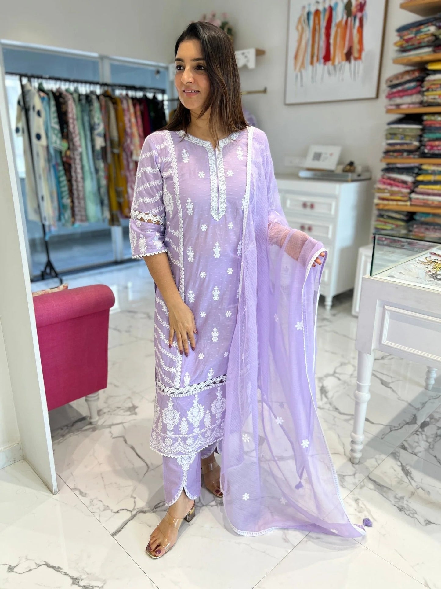 Lilac Dream Ivory Embroidery Doriya Dupatta Set