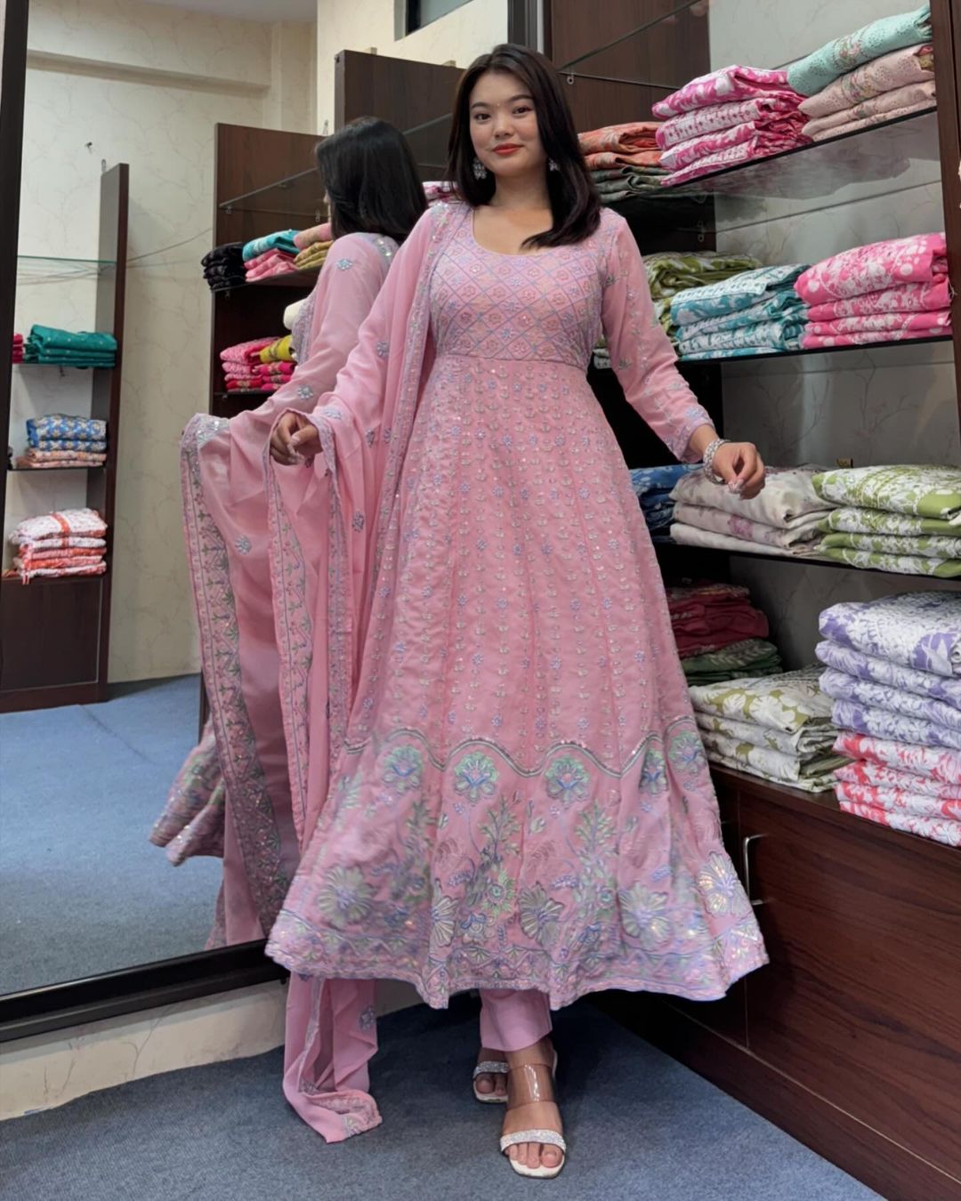 Pink Pure Georgette pink full embroidery anarkali set