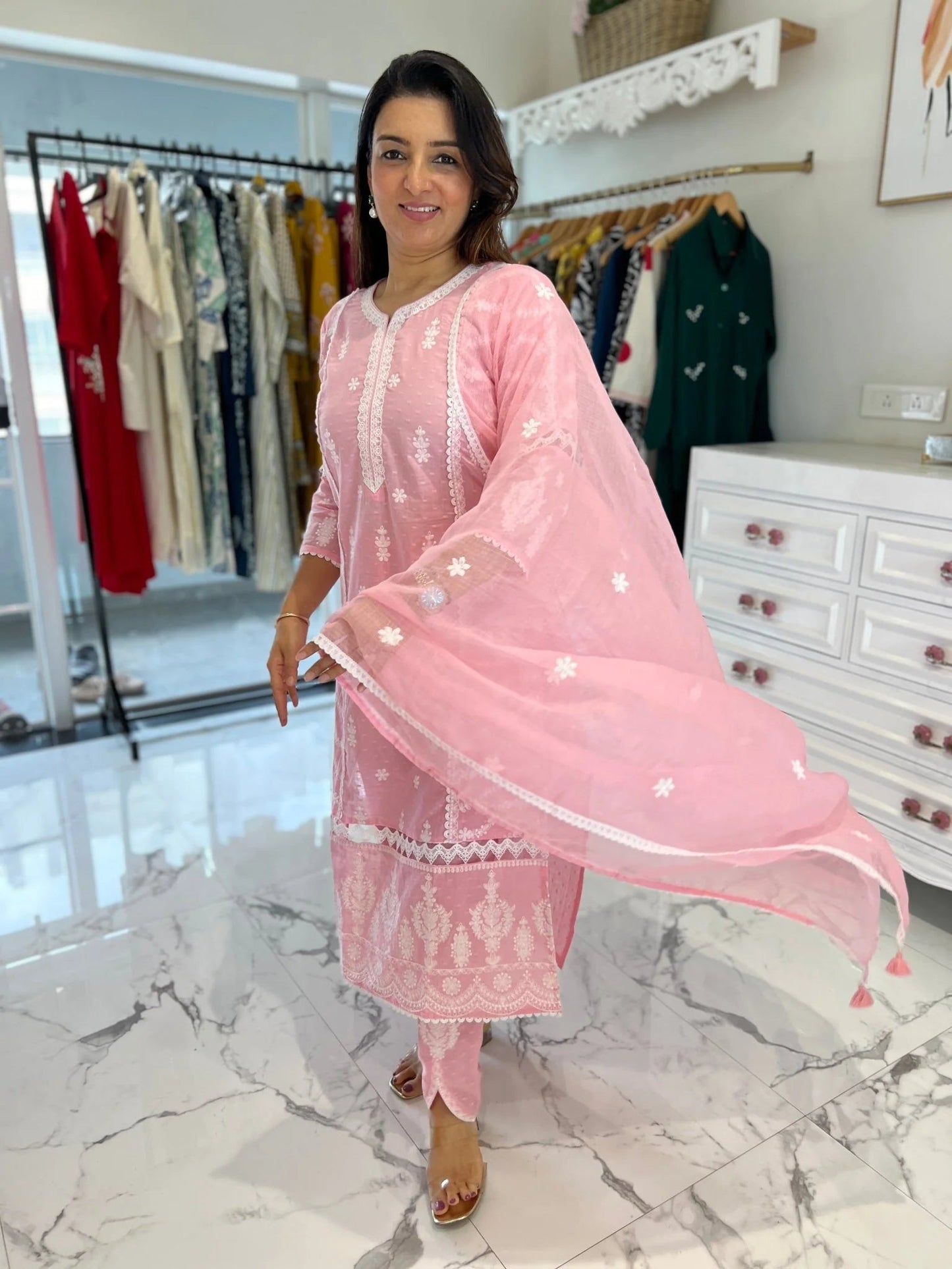 Pastel Pink Ivory Embroidery Doriya Dupatta Set