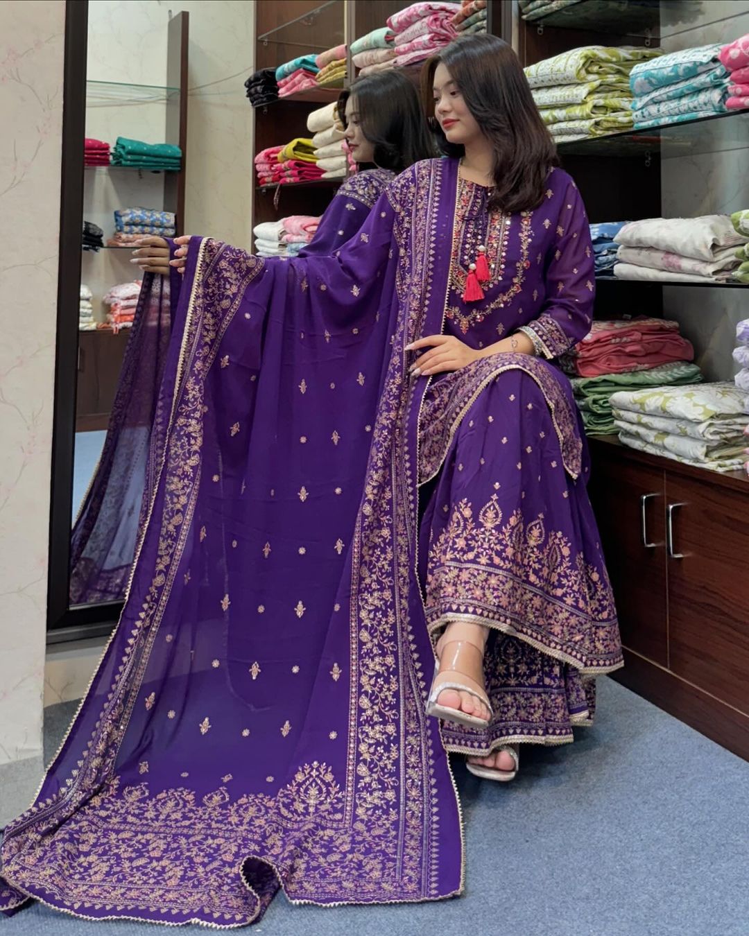 Purple Georgette embroidery Sarara set