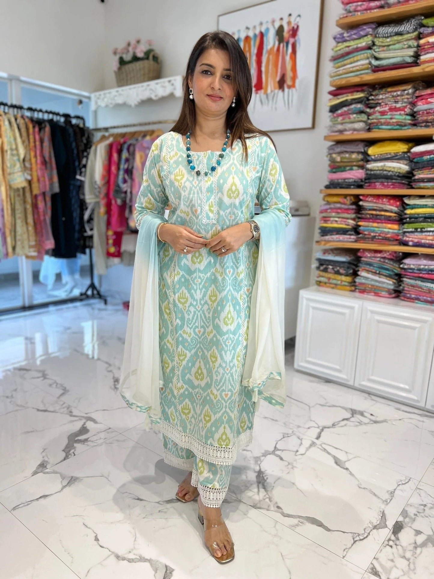 Coral Green Patola Lace Palazzo Set
