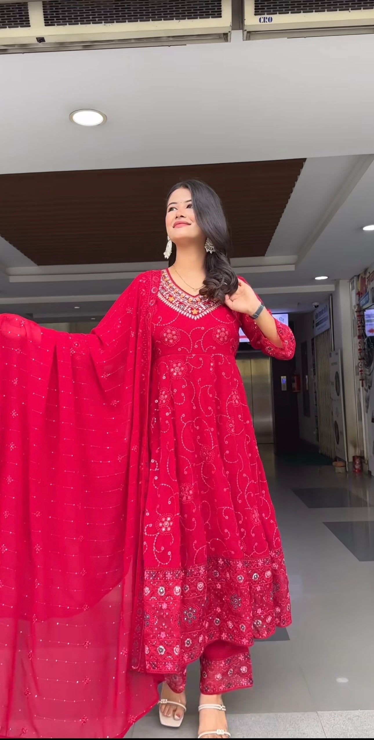 Red Women Pure Cotton Kurta Pant Dupatta Set