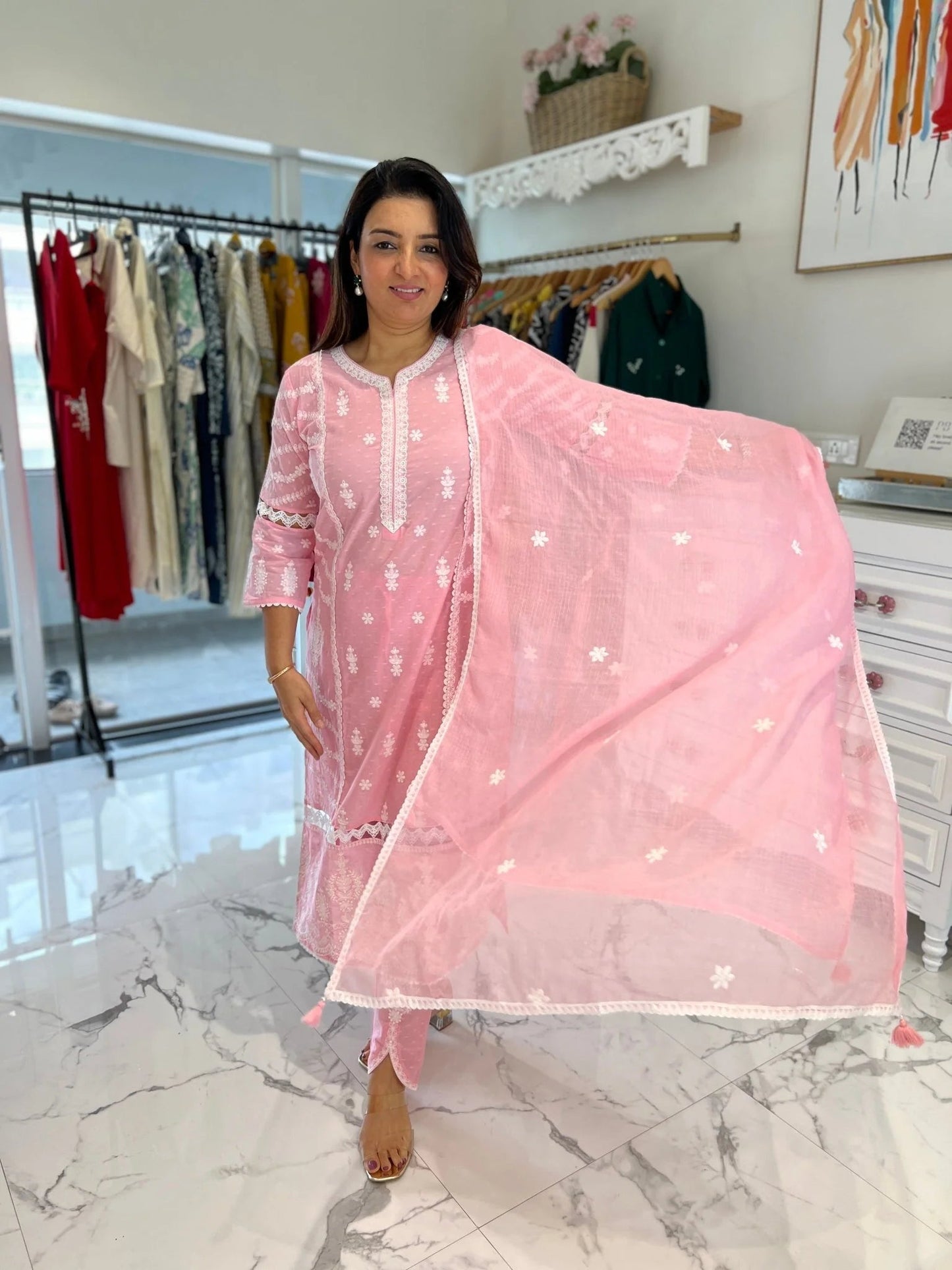 Pastel Pink Ivory Embroidery Doriya Dupatta Set