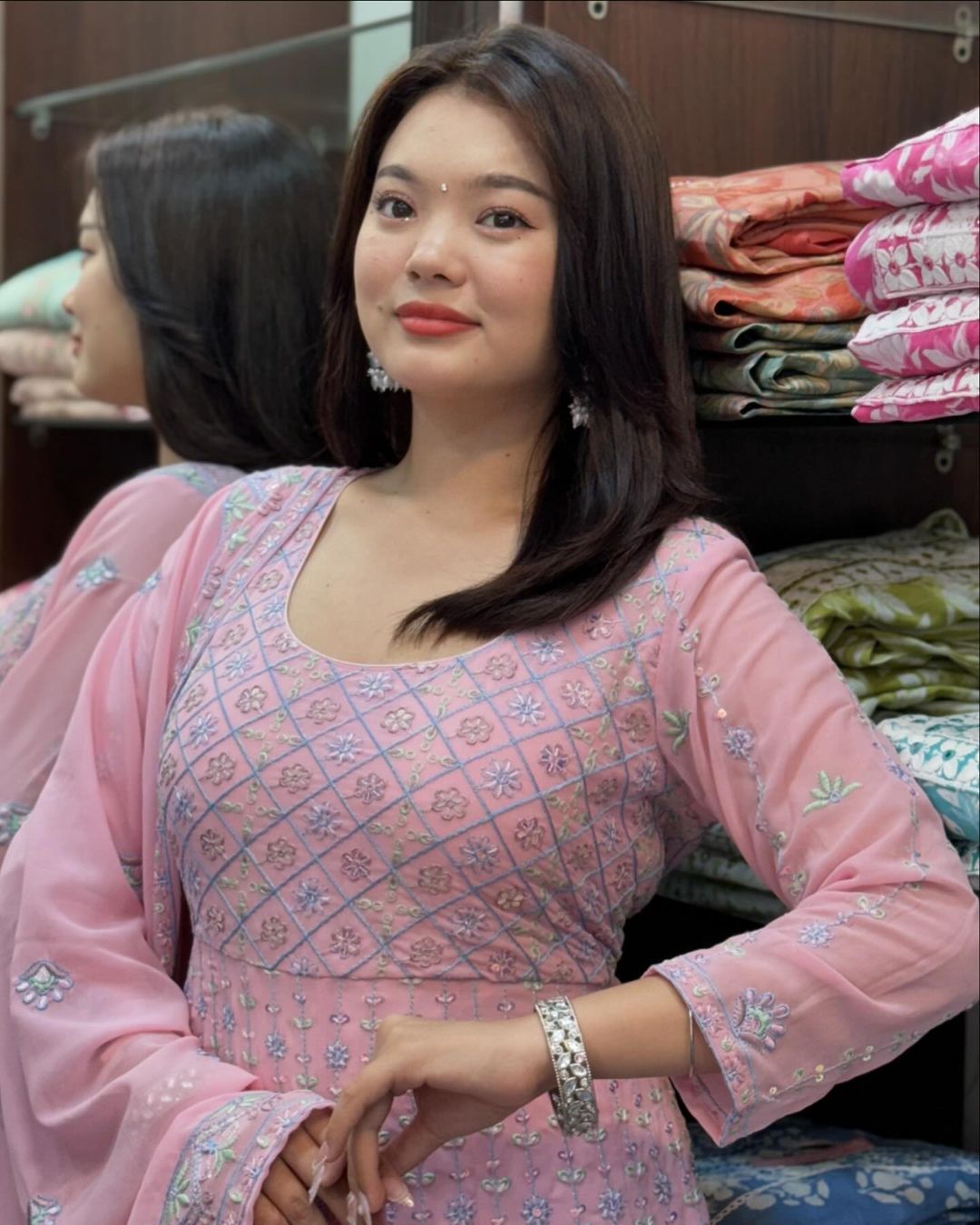 Pink Pure Georgette pink full embroidery anarkali set
