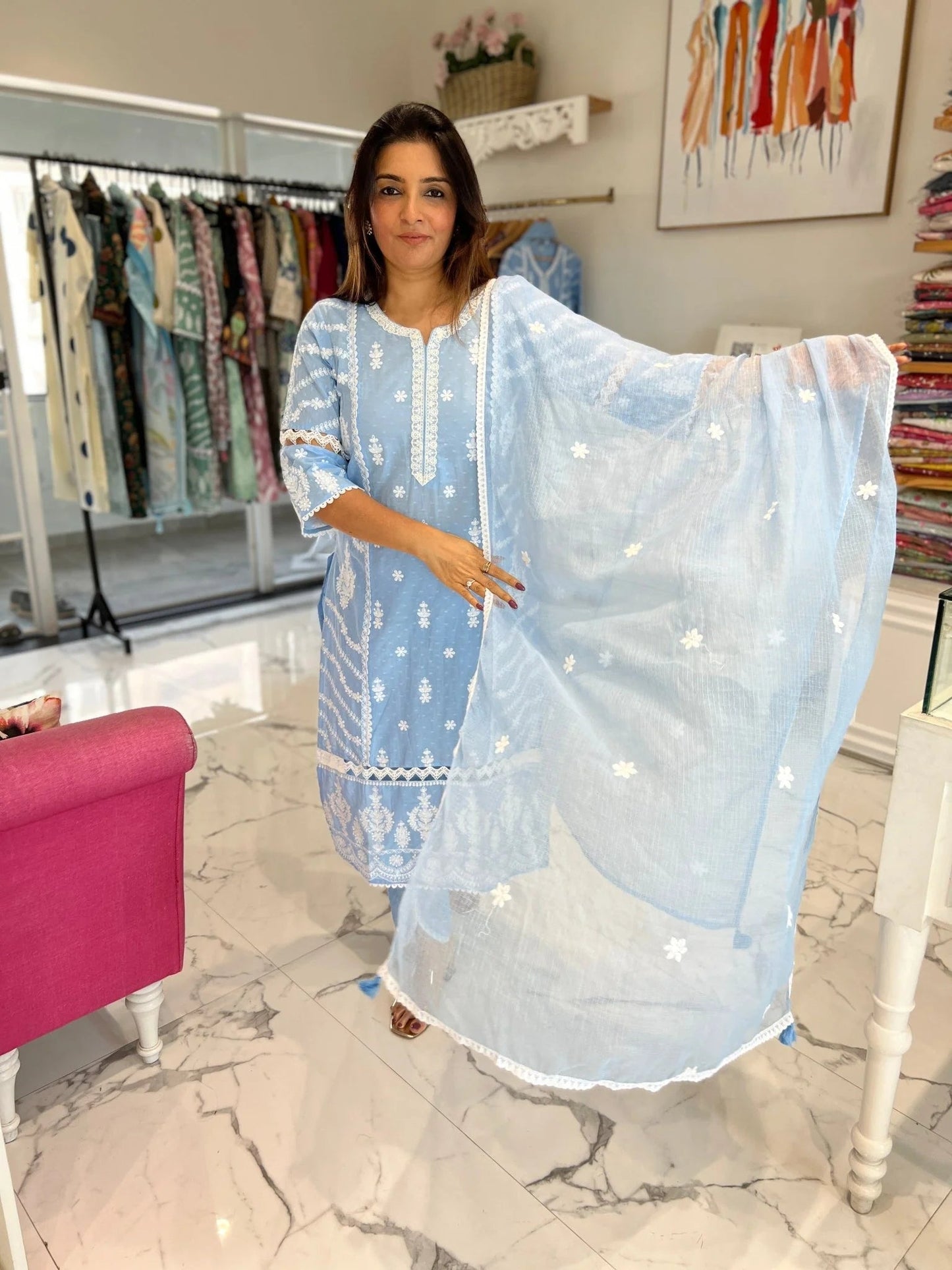 Powder Blue Ivory Embroidery Doriya Dupatta Set