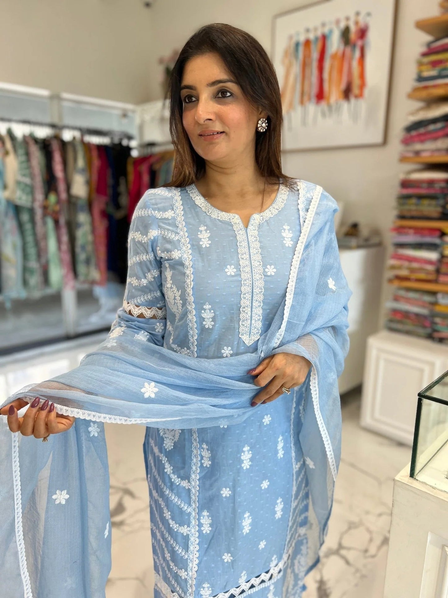 Powder Blue Ivory Embroidery Doriya Dupatta Set
