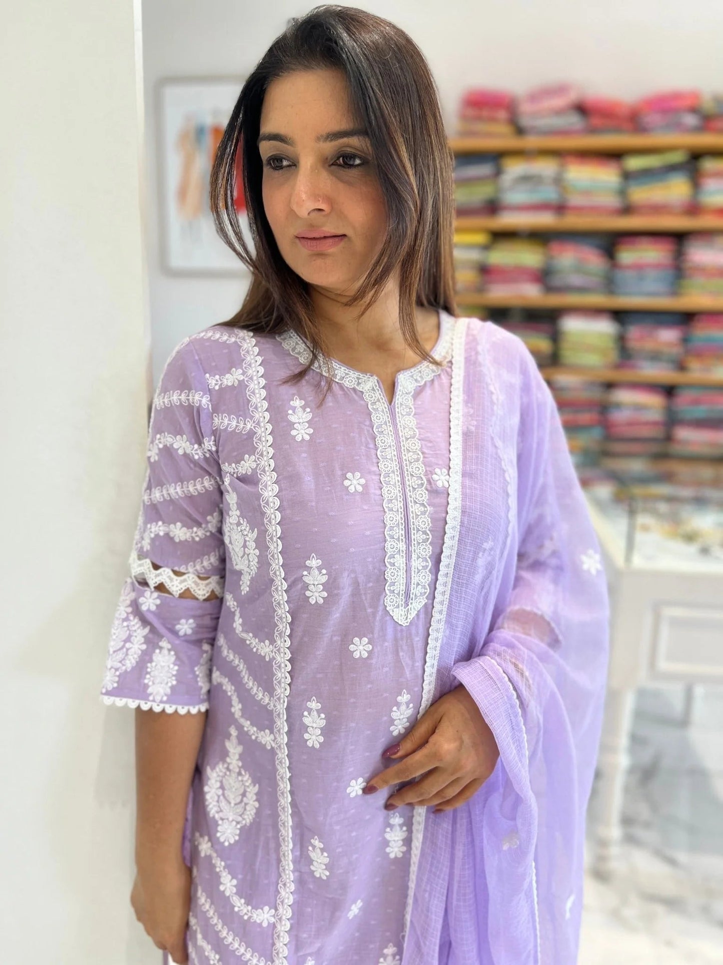Lilac Dream Ivory Embroidery Doriya Dupatta Set