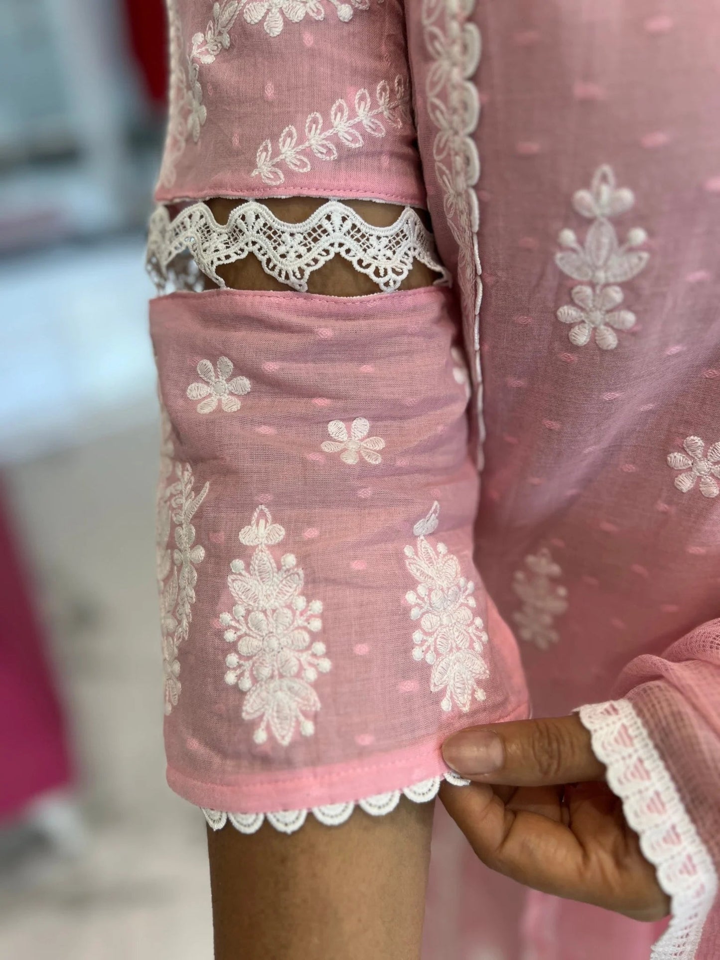 Pastel Pink Ivory Embroidery Doriya Dupatta Set