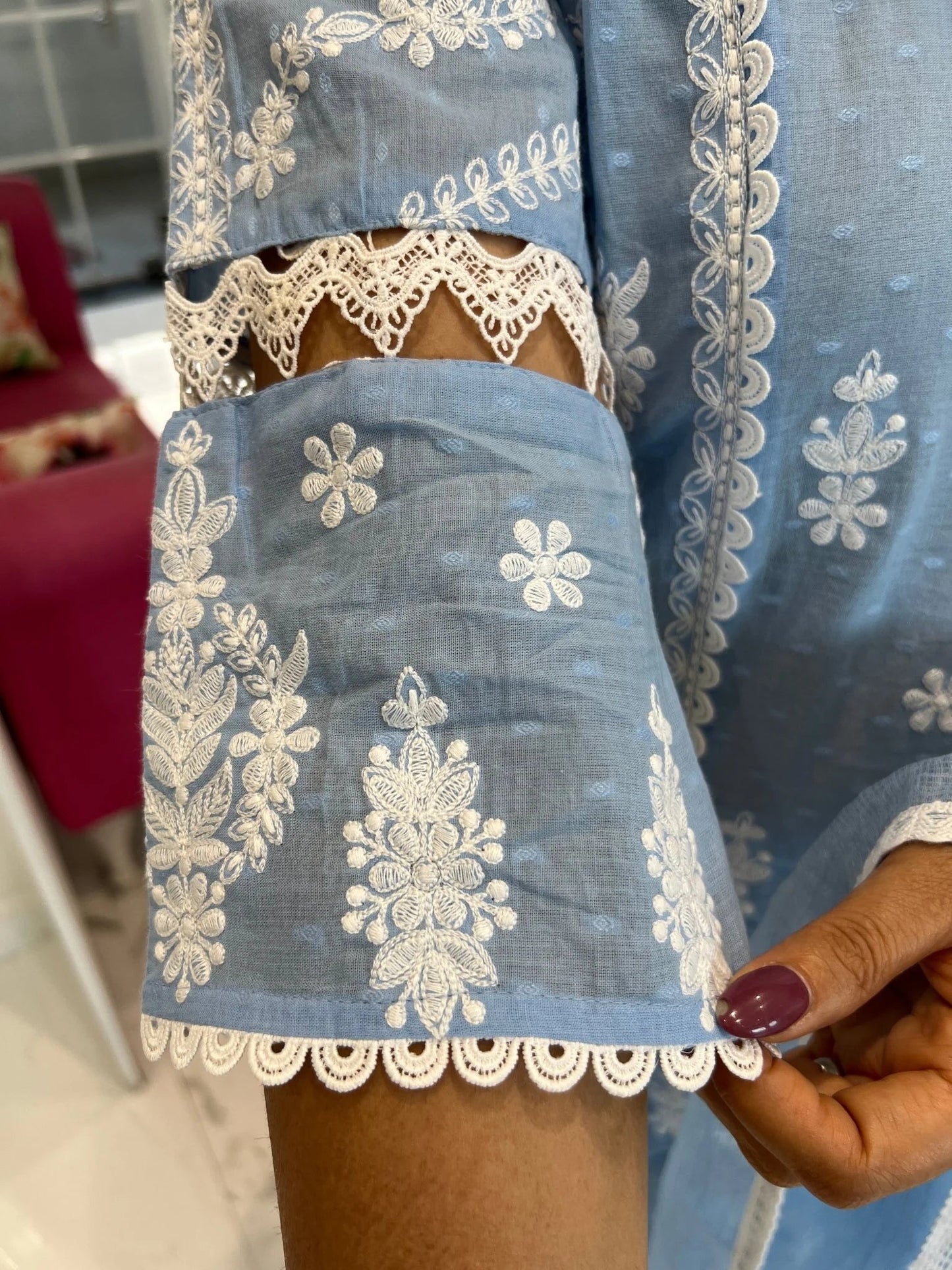 Powder Blue Ivory Embroidery Doriya Dupatta Set