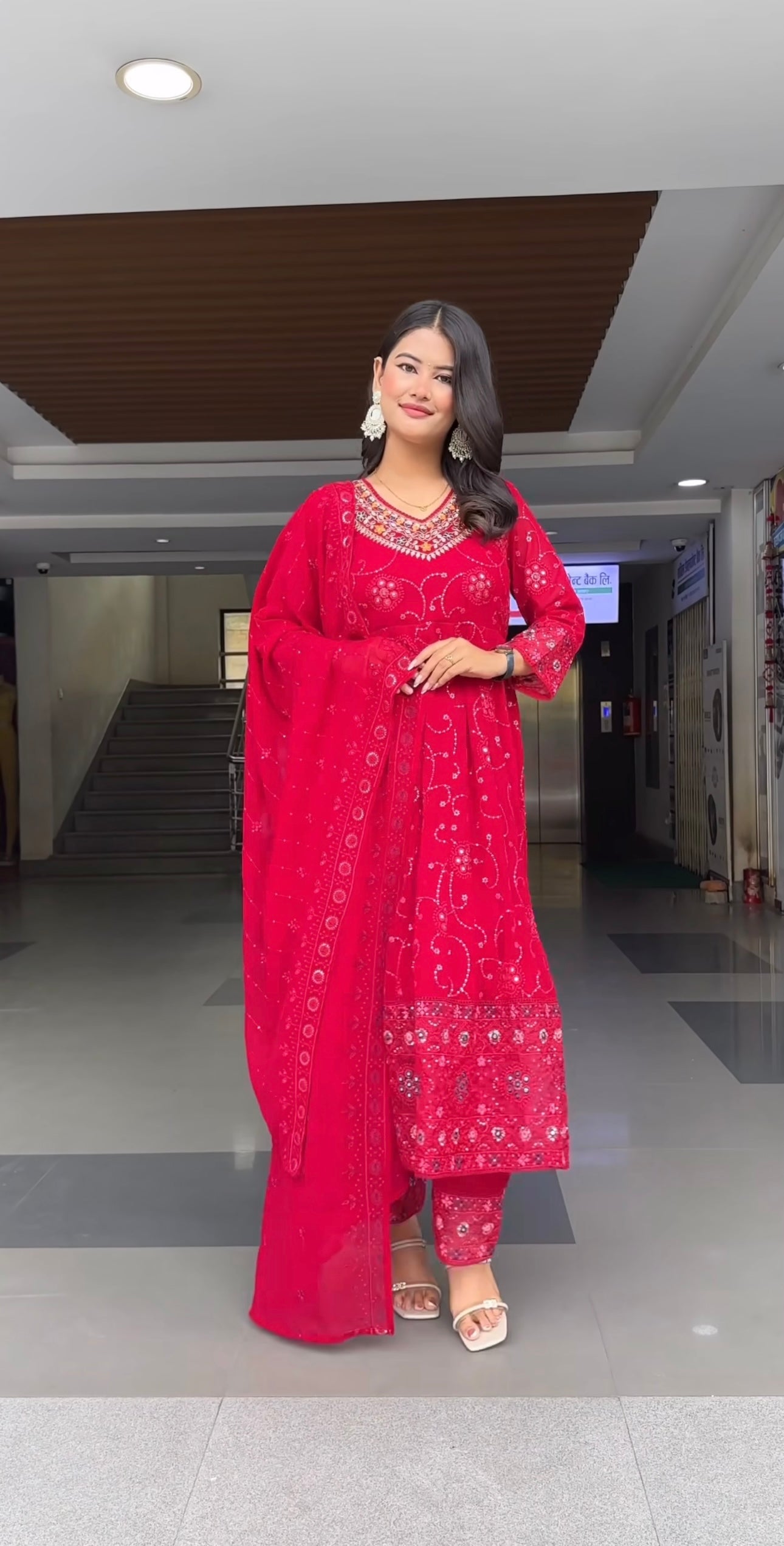 Red Women Pure Cotton Kurta Pant Dupatta Set