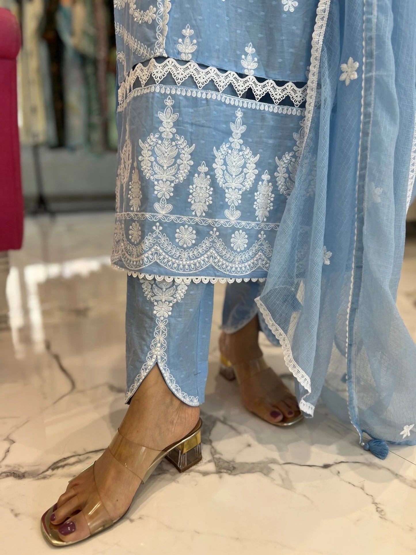 Powder Blue Ivory Embroidery Doriya Dupatta Set