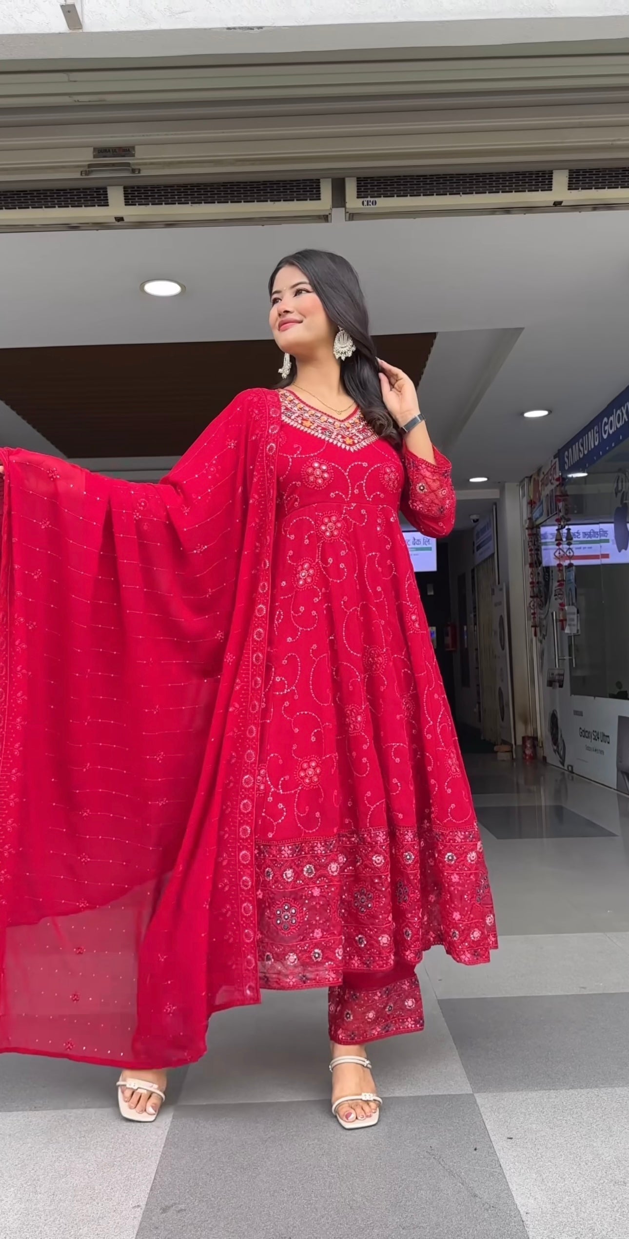Red Women Pure Cotton Kurta Pant Dupatta Set