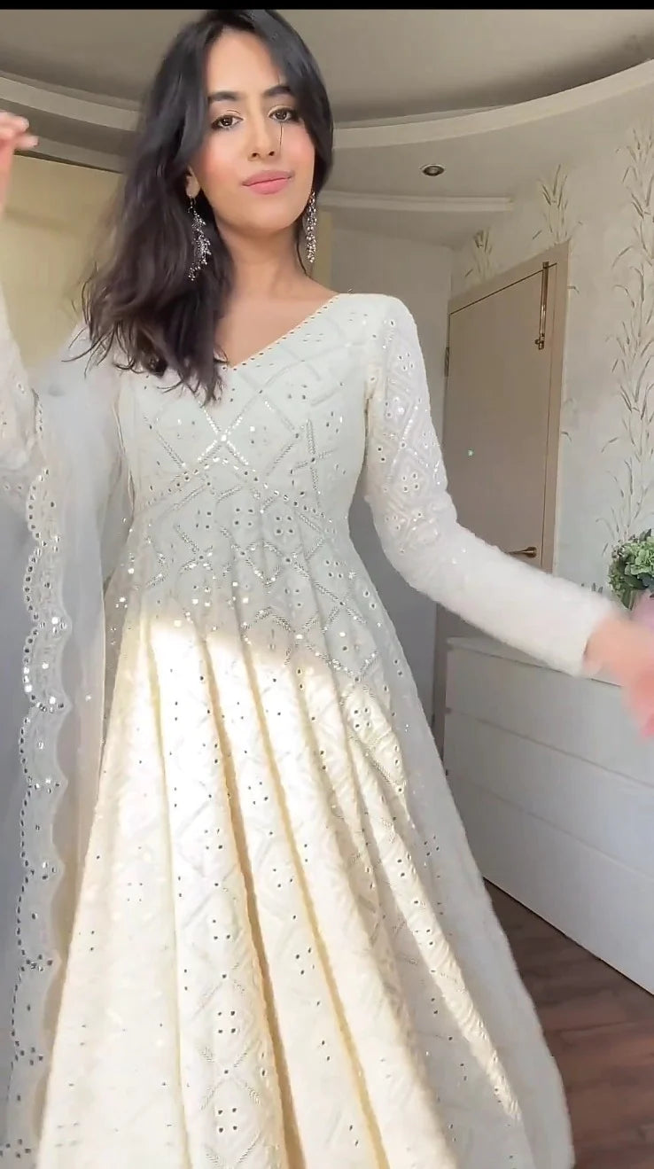 WHITE EMBROIDERED GEORGETTE FULLY STITCHED ANARKALI SUIT SET