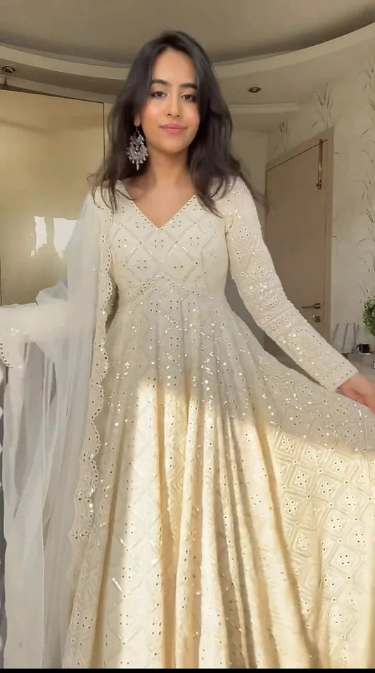 WHITE EMBROIDERED GEORGETTE FULLY STITCHED ANARKALI SUIT SET