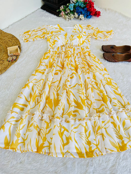 Heavy Georgette Yellow Kurti With Digital Print
