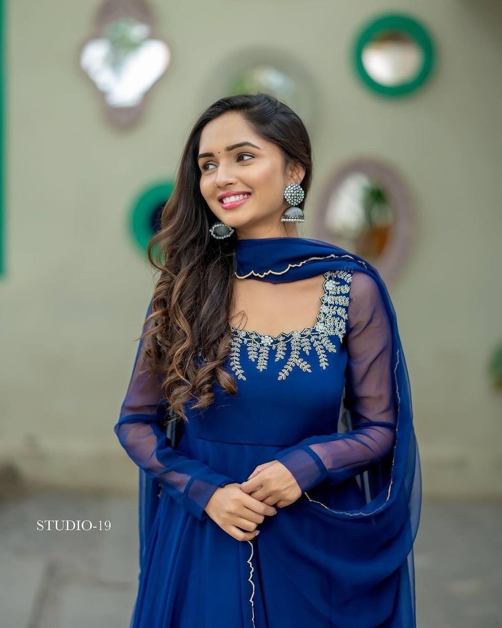 Blue Flirty Floral Anarkali Gown With Dupatta
